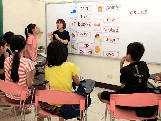 孩子在老師鼓勵下勇敢站起來練習英語