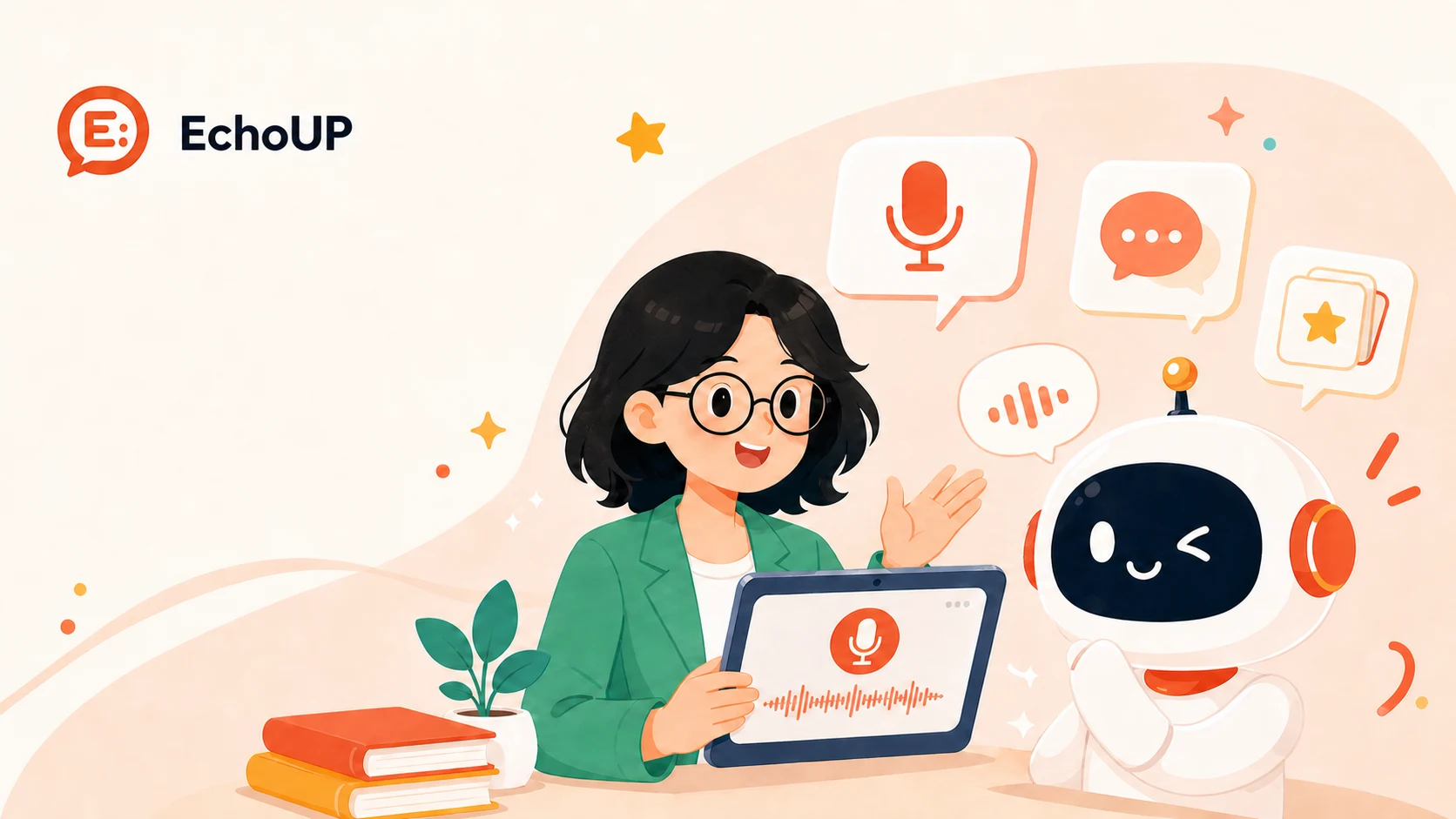 EchoUP AI 英語複習 App 介面與角色插圖